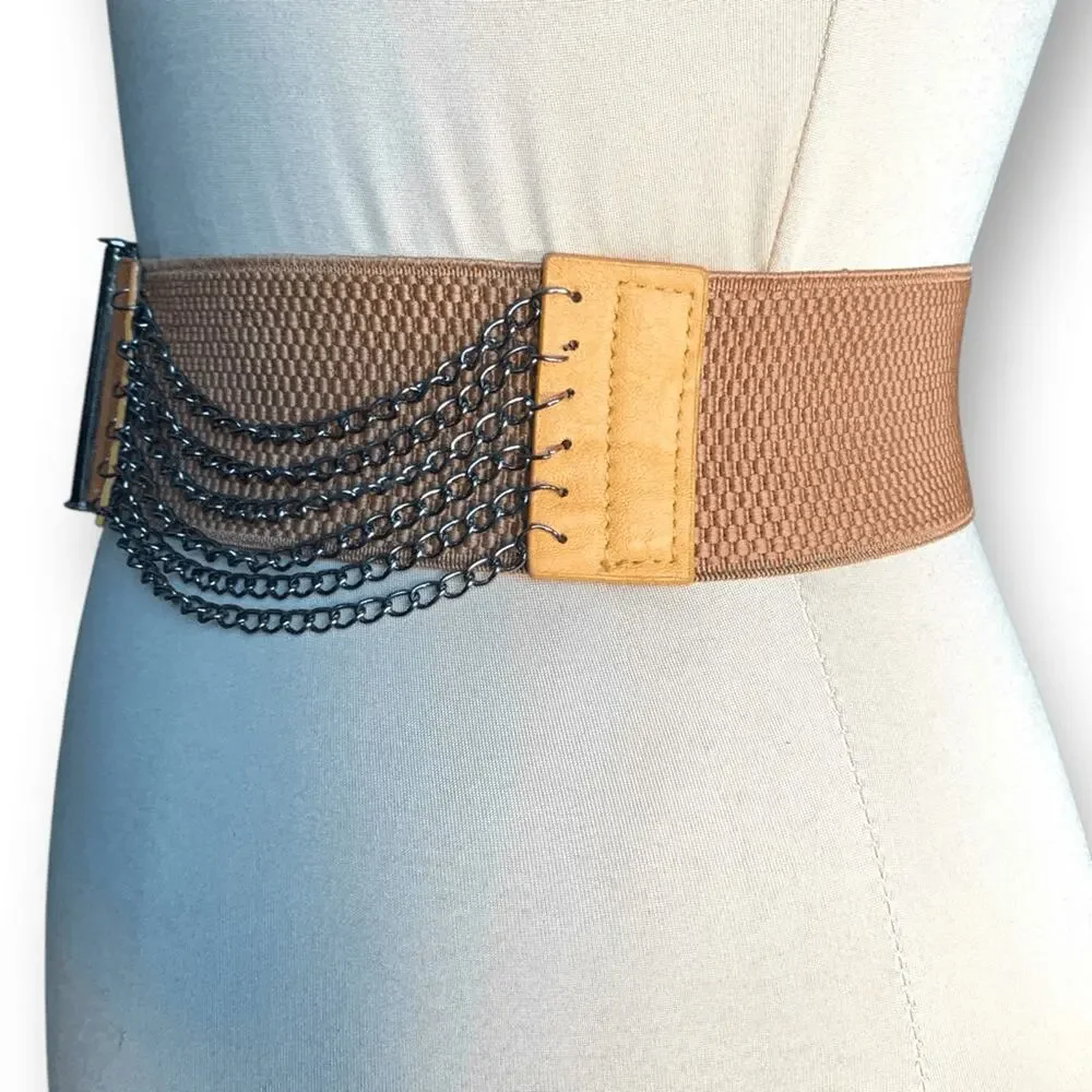 Vintage Y2K Tan Leather Layered Chain Belt Festival Statement Edgy Accessory